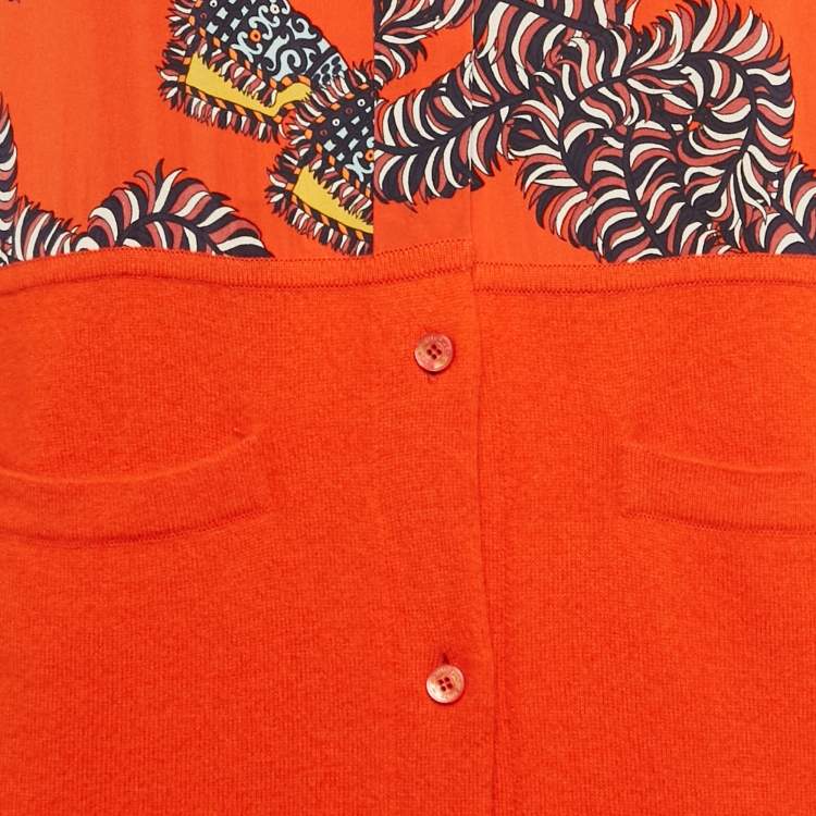 Pre Owned Hermès Orange Printed Silk & Wool Knit Button Front Dress L