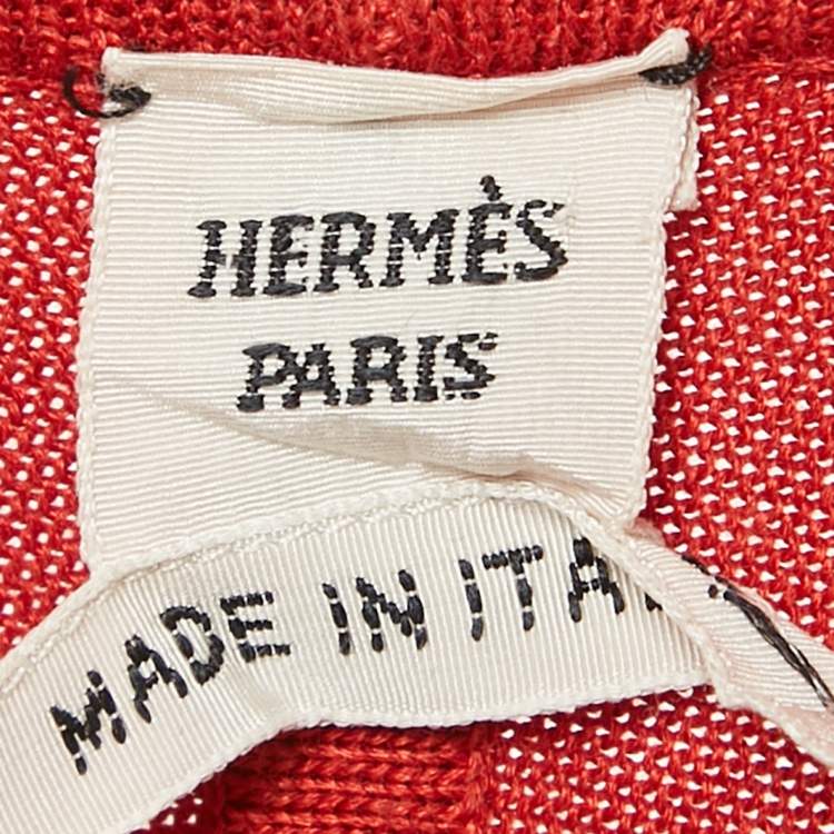 Pre Owned Hermes Grey/Red Knit Printed Knit Belted Cardigan M