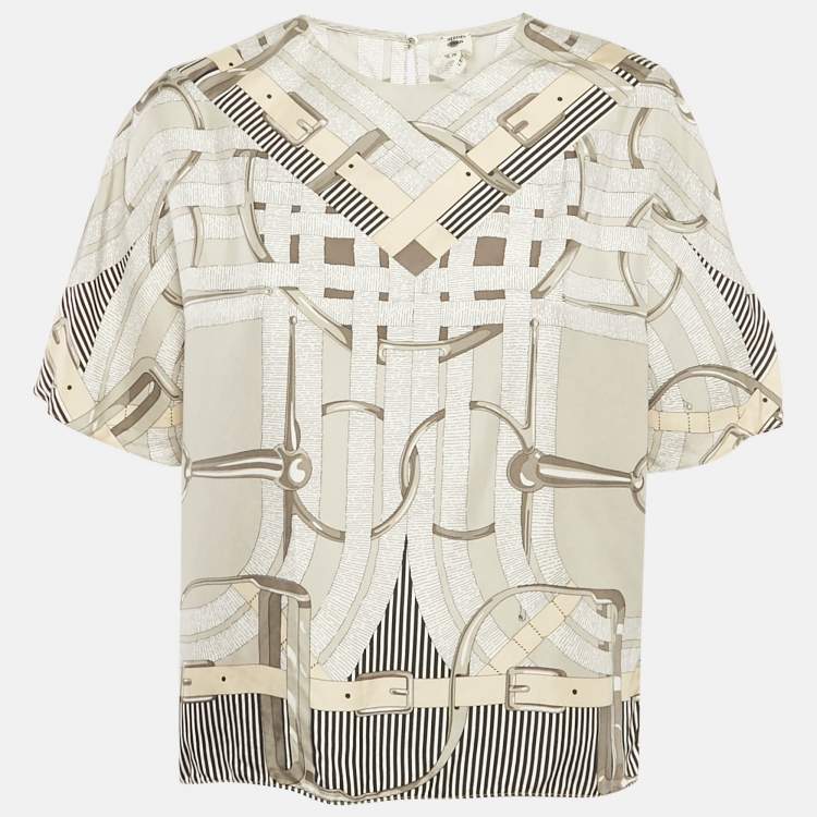 Pre Owned Hermes Grey Printed Silk Mors A Jouet Top M