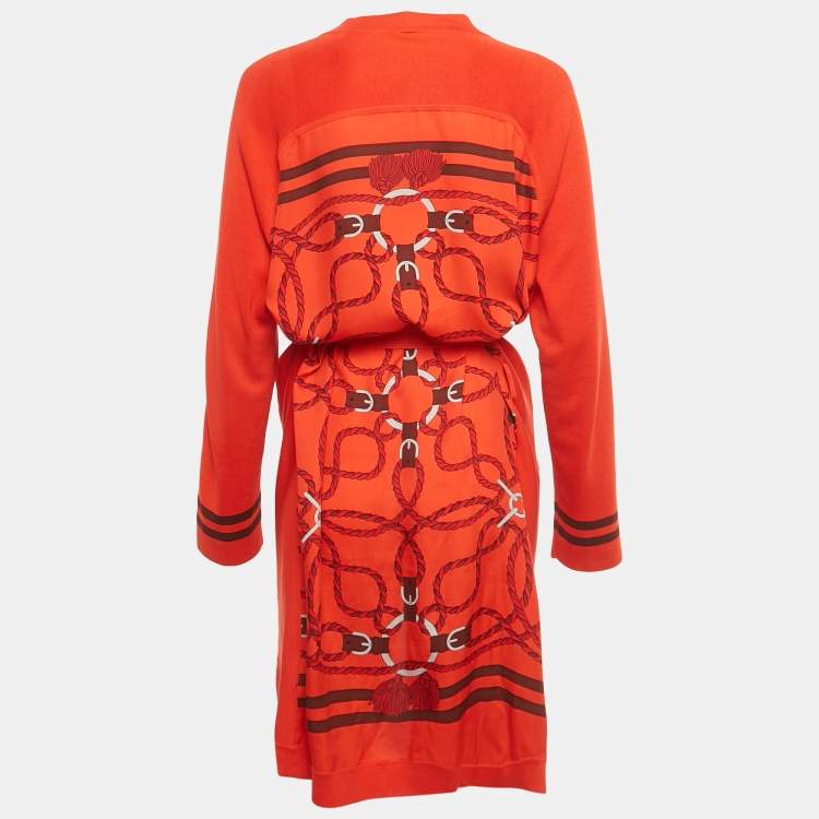 Pre Owned Hermès Red Printed Silk and Knit Belted Cardigan L