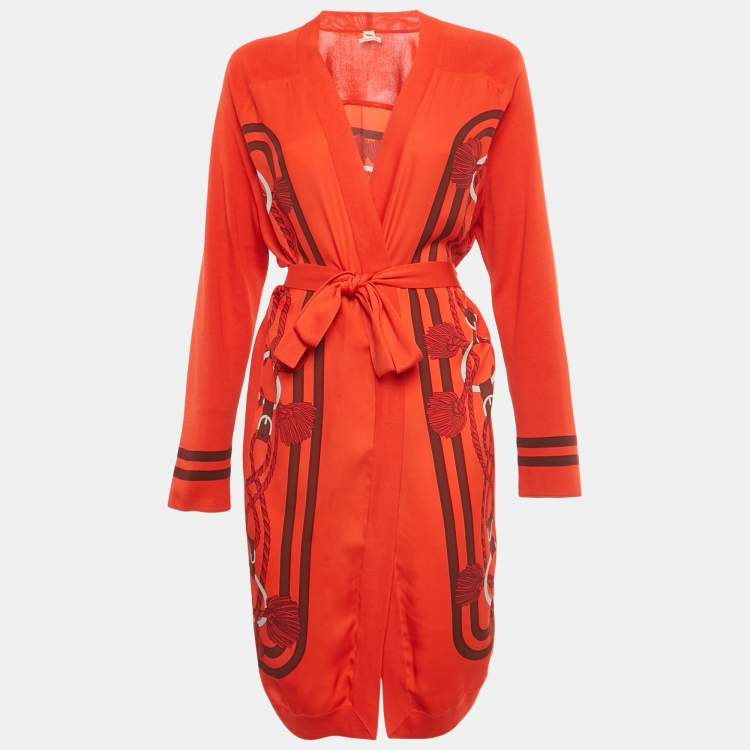 Pre Owned Hermès Red Printed Silk and Knit Belted Cardigan L