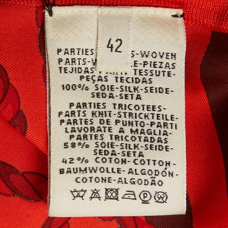 Pre Owned Hermès Red Printed Silk and Knit Belted Cardigan L