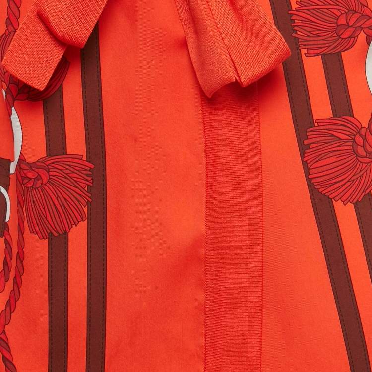 Pre Owned Hermès Red Printed Silk and Knit Belted Cardigan L