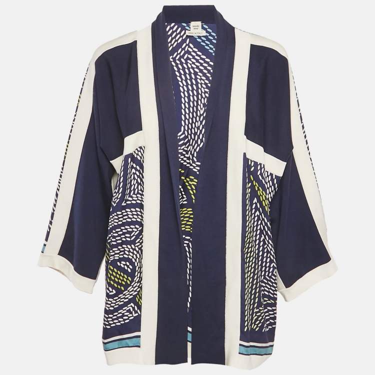 Pre Owned Hermes Navy Blue Printed Silk & Knit Open Shrug M