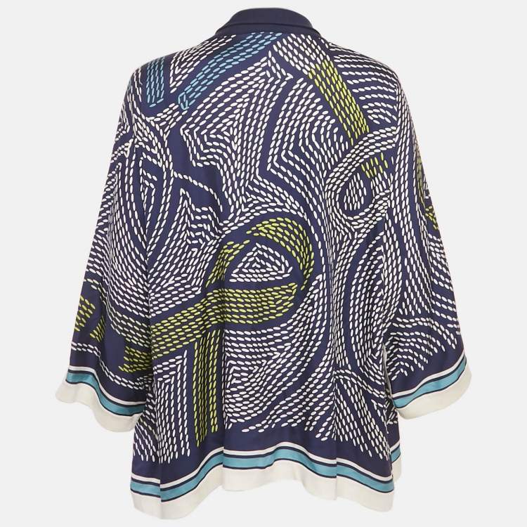 Pre Owned Hermes Navy Blue Printed Silk & Knit Open Shrug M