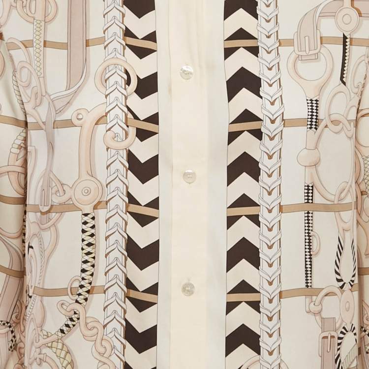 Pre Owned Hermes Beige Buckle Printed Silk Button Front Shirt M
