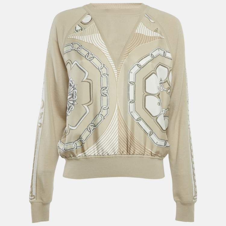 Pre Owned Hermes Beige Printed Silk & Wool Long Sleeve Sweater M