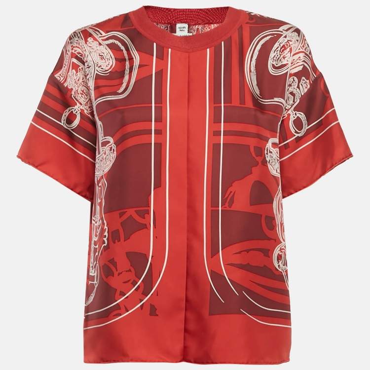 مملوكة مسبقًا Hermes Red Printed Silk Top L