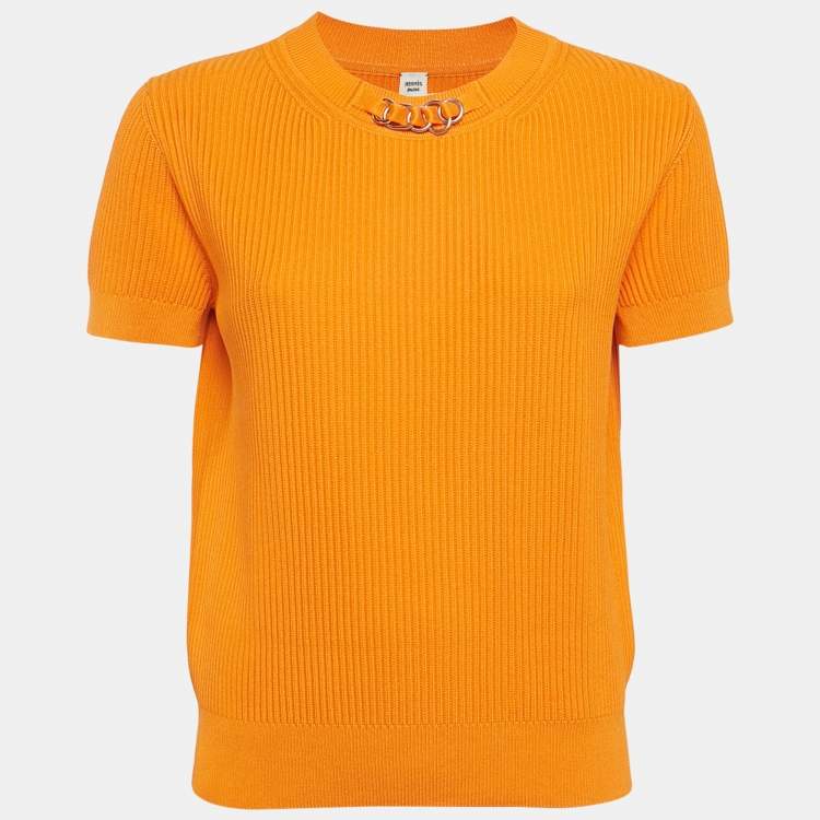 Pre Owned Hermes Orange Rib Knit Crew Neck Top M