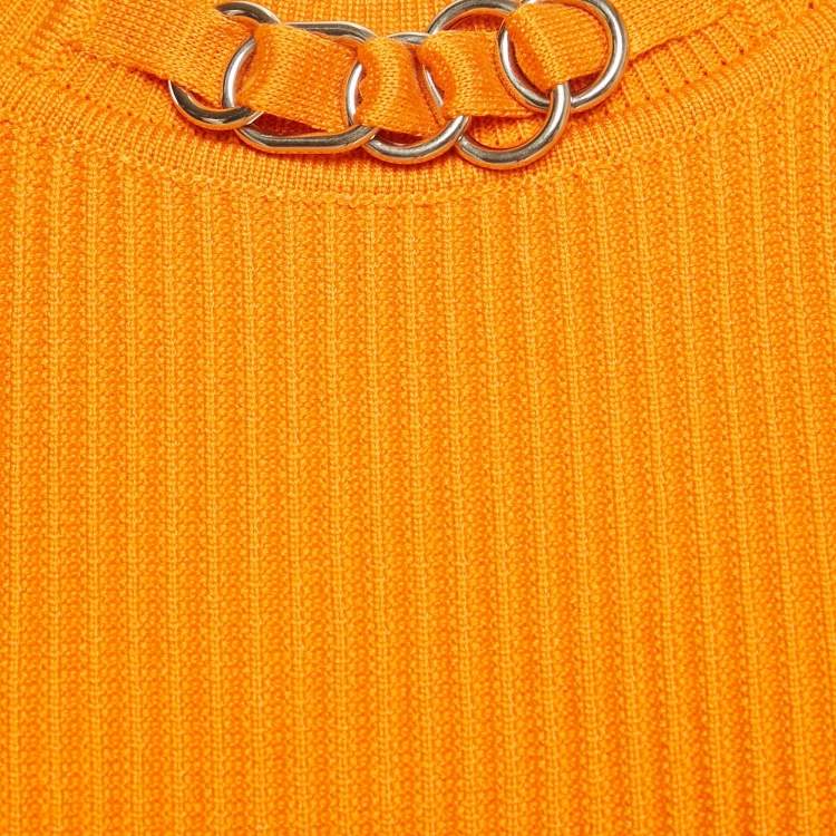 Pre Owned Hermes Orange Rib Knit Crew Neck Top M
