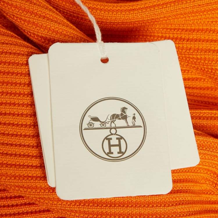 Pre Owned Hermes Orange Rib Knit Crew Neck Top M