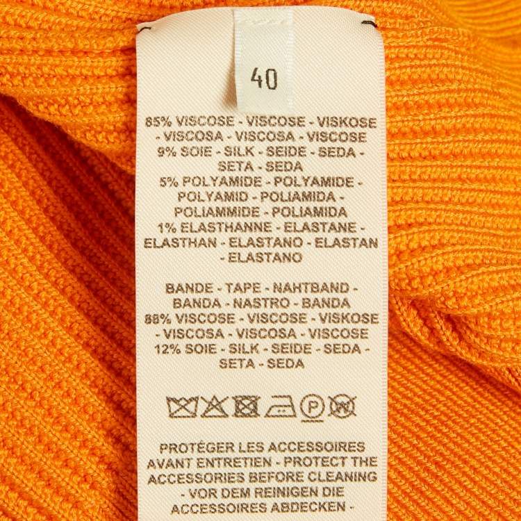 Pre Owned Hermes Orange Rib Knit Crew Neck Top M