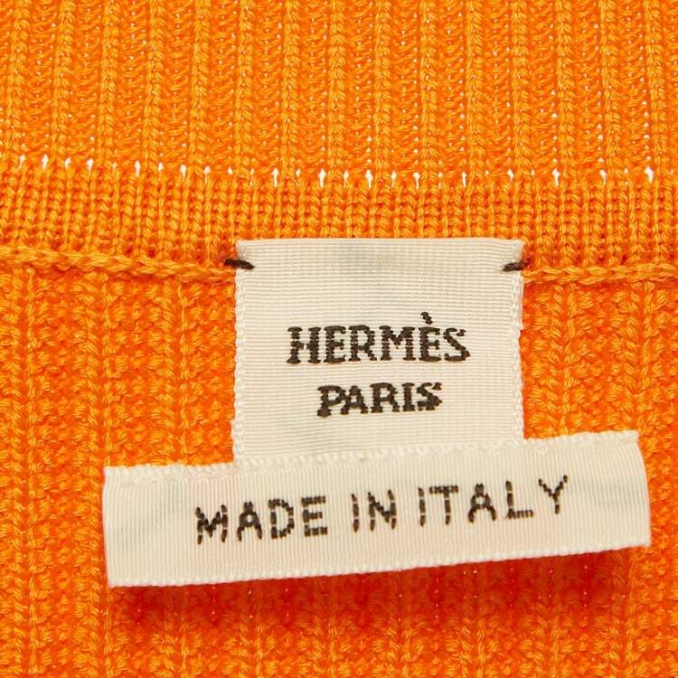 Pre Owned Hermes Orange Rib Knit Crew Neck Top M