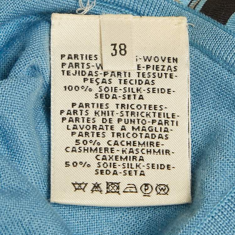Pre Owned Hermes Blue Printed Silk and Knit V-Neck Top M