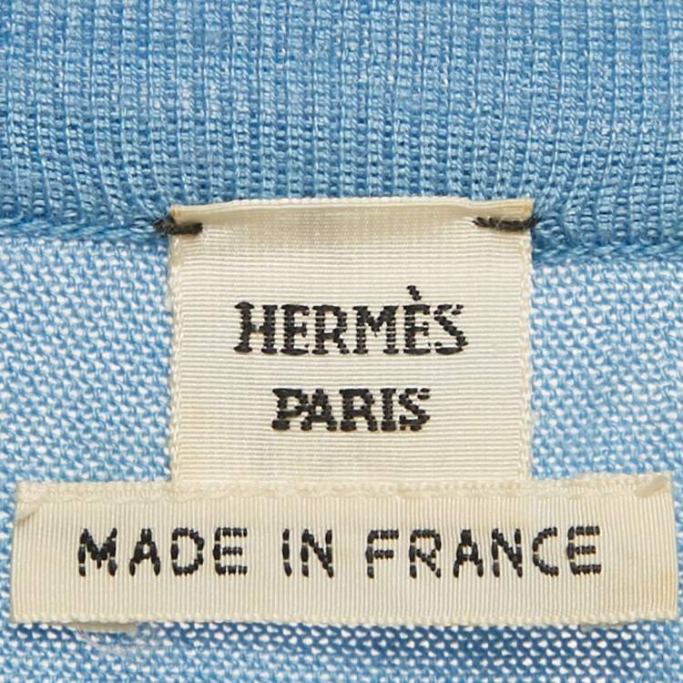 Pre Owned Hermes Blue Printed Silk and Knit V-Neck Top M