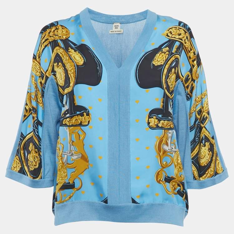 Pre Owned Hermes Blue Printed Silk and Knit V-Neck Top M