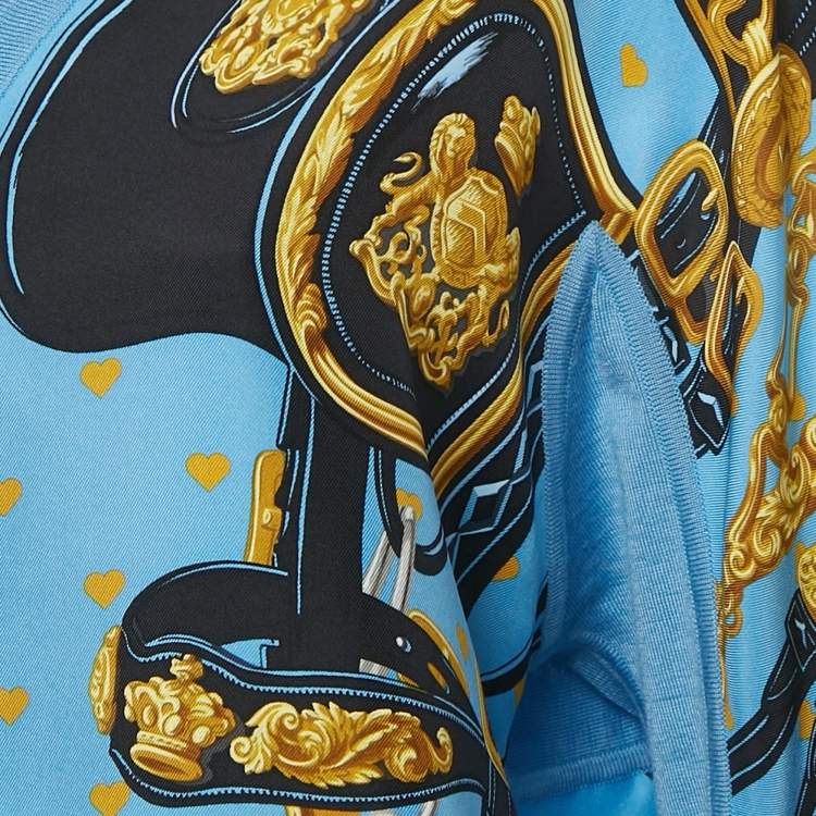 Pre Owned Hermes Blue Printed Silk and Knit V-Neck Top M