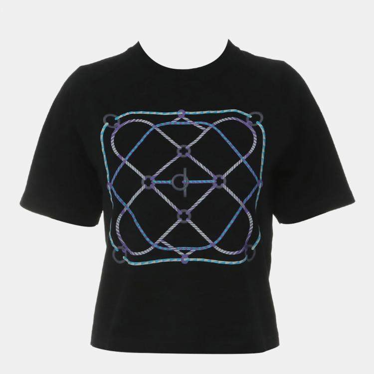 Pre Owned Hermes Black Cotton Printed Cropped Top