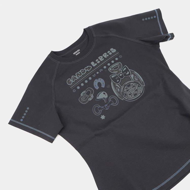 Pre Owned Hermes Micro T-Shirt "Cartouche" Candy Libris  Blue Noir Cotton100% M