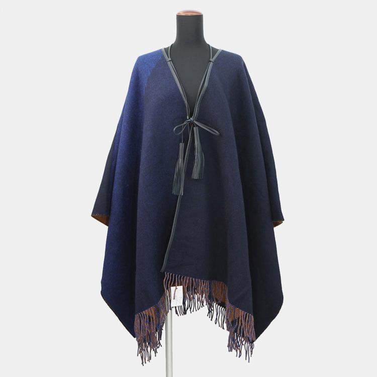 Pre Owned Hermes Poncho Highland Navy/Brown Merino Wool90% Cashmere10%