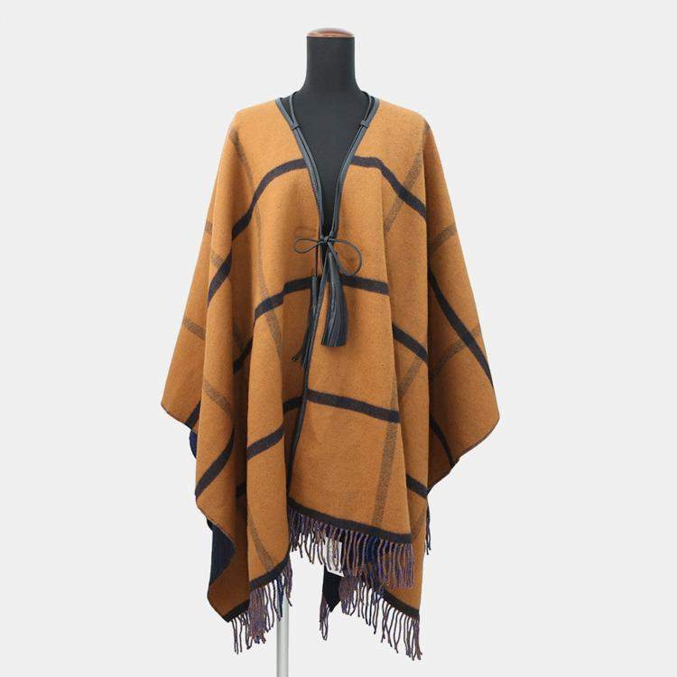 Pre Owned Hermes Poncho Highland Navy/Brown Merino Wool90% Cashmere10%