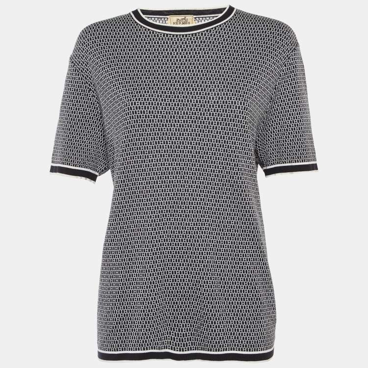 Pre Owned Hermes Black/White All Over H Cotton Knit Crew Neck T-Shirt L