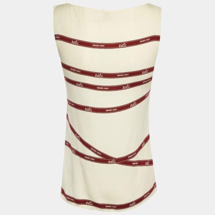 Pre Owned Hermes Cream Bolduc Ribbon Print Silk Sleeveless Top S