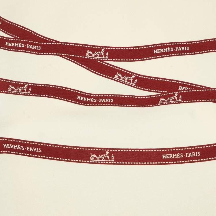 Pre Owned Hermes Cream Bolduc Ribbon Print Silk Sleeveless Top S