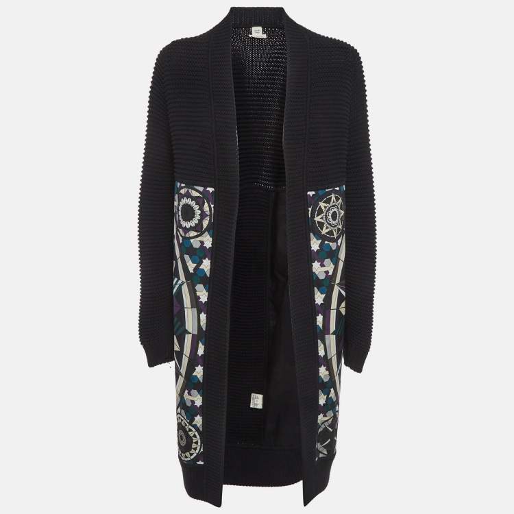 Pre Owned Hermes Black Printed Cotton and Purl Knit Long Cardigan S