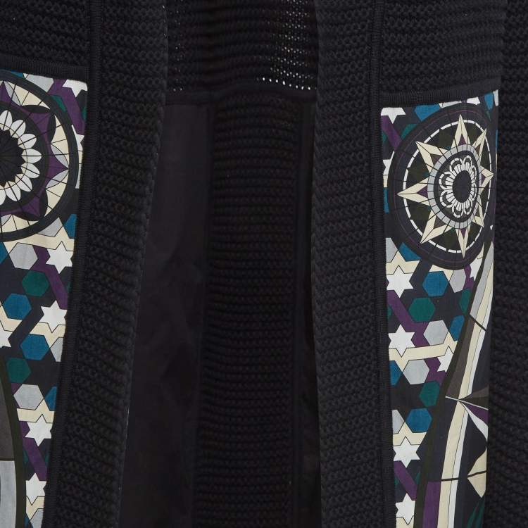 Pre Owned Hermes Black Printed Cotton and Purl Knit Long Cardigan S