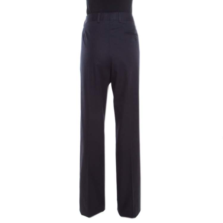 Pre Owned Hermes Navy Blue Cotton High Rise Wide Leg Trousers M