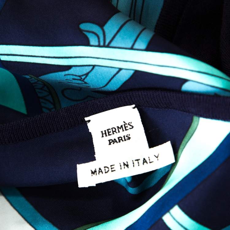 Pre Owned Hermes Navy Blue Printed Cotton Silk Long Sleeve Sweater Top S