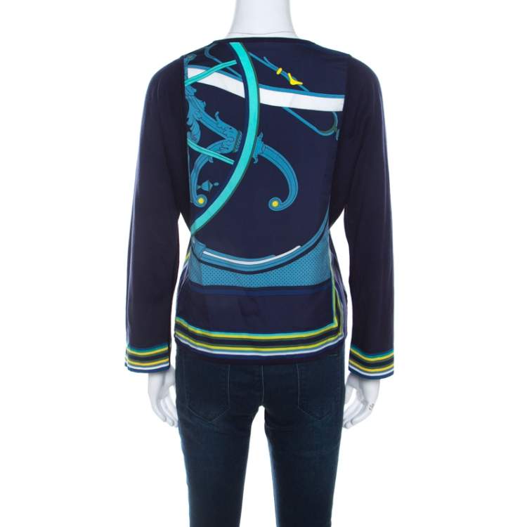 Pre Owned Hermes Navy Blue Printed Cotton Silk Long Sleeve Sweater Top S