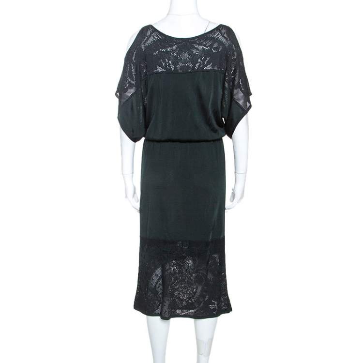 Pre Owned Hermes Bottle Green Crochet Knit Detail Tasseled Drawstring Dress M