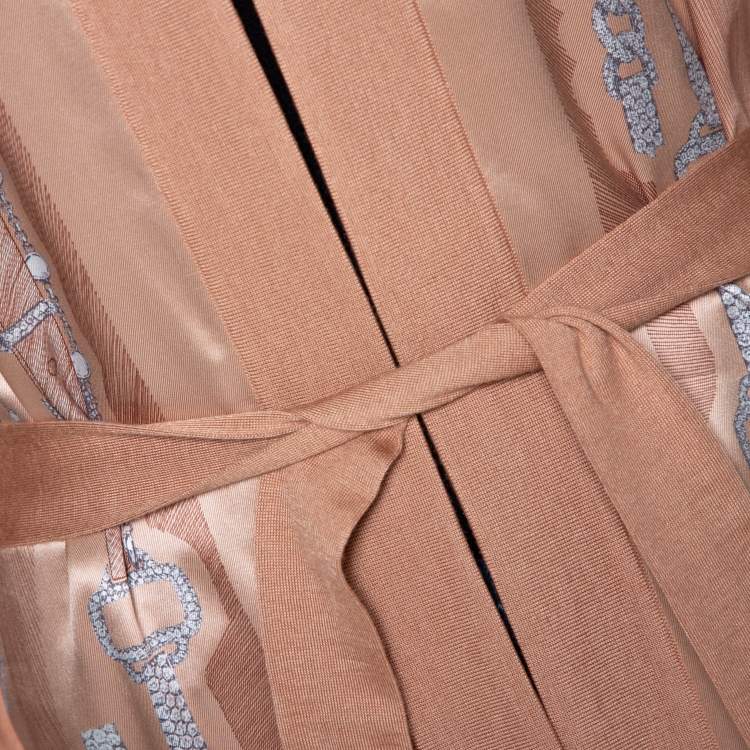 Pre Owned Hermes Peach Parure De Gala Print Cashmere & Silk Belted Cardigan S