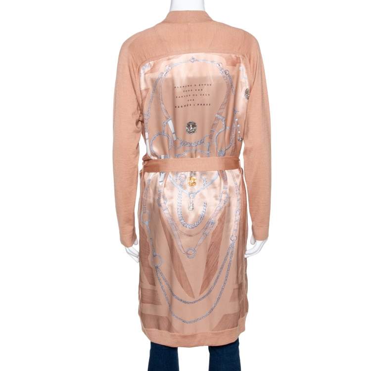 Pre Owned Hermes Peach Parure De Gala Print Cashmere & Silk Belted Cardigan S