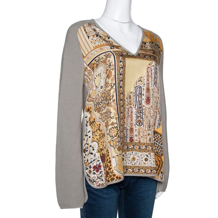 Pre Owned Hermes Grey Alpaca & Silk Floral Print Paneled Sweater M
