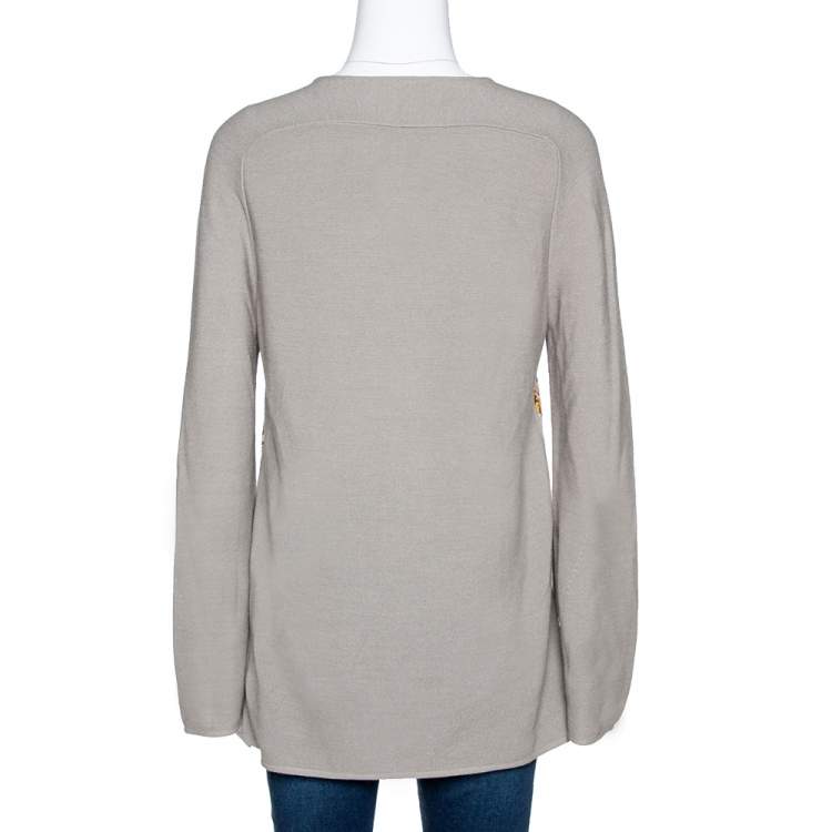Pre Owned Hermes Grey Alpaca & Silk Floral Print Paneled Sweater M