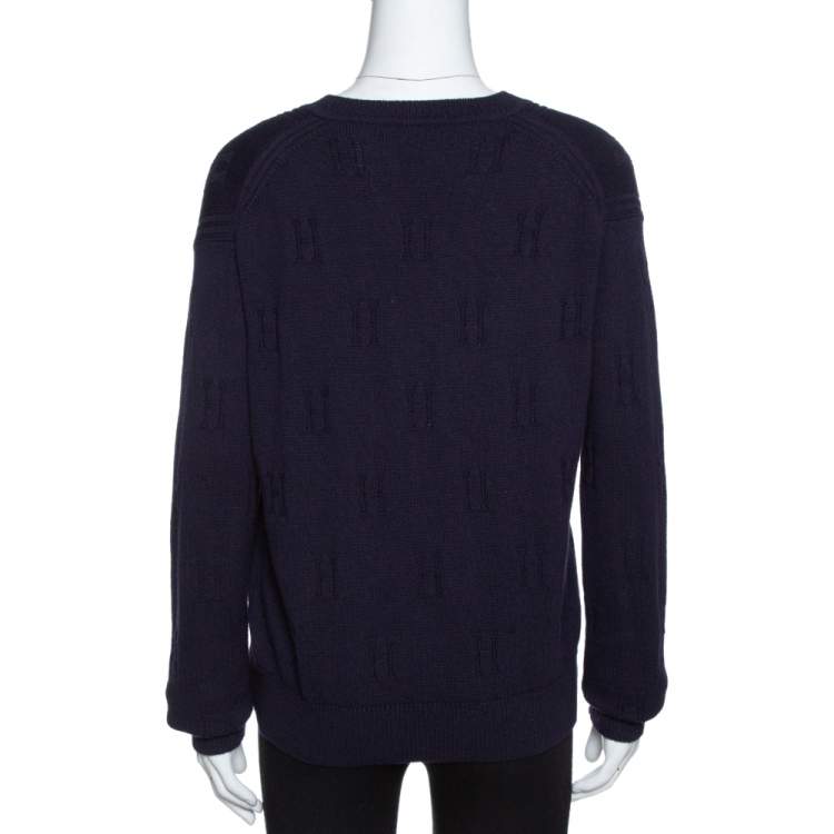 Pre Owned Hermès Dark Blue Ribbed Wool Knit Voyage Sweater S