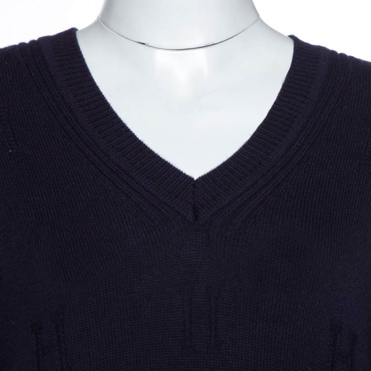 Pre Owned Hermès Dark Blue Ribbed Wool Knit Voyage Sweater S