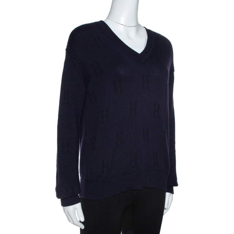 Pre Owned Hermès Dark Blue Ribbed Wool Knit Voyage Sweater S