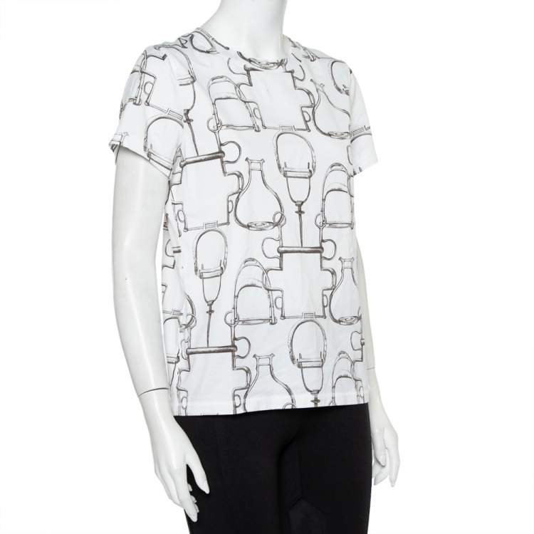 Pre Owned Hermes White Saddle Printed Cotton Crewneck T-Shirt XL