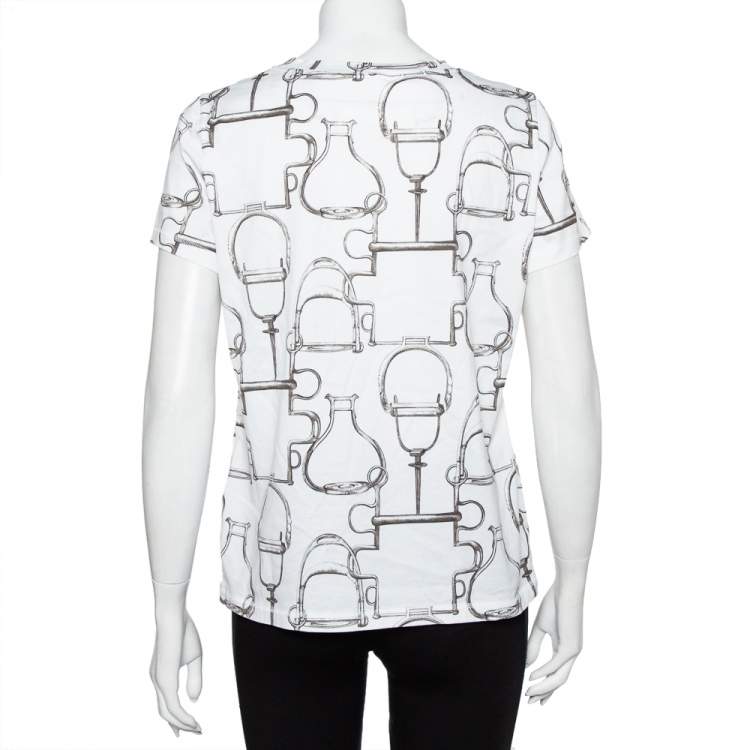 Pre Owned Hermes White Saddle Printed Cotton Crewneck T-Shirt XL