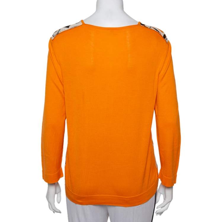 Pre Owned Hermes Orange Printed Silk & Knit Paneled Top M