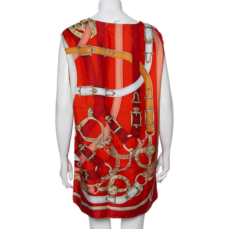 Pre Owned Hermes Burnt Orange Printed Silk Sleeveless Oversized Tunic M