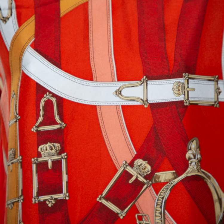 Pre Owned Hermes Burnt Orange Printed Silk Sleeveless Oversized Tunic M