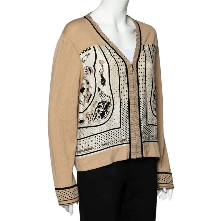 Pre Owned Hermes Camel Brown Printed Silk & Wool Paneled Zip Front Cardigan L