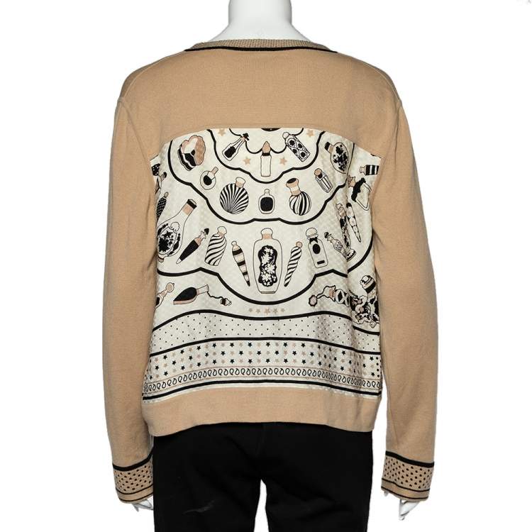 Pre Owned Hermes Camel Brown Printed Silk & Wool Paneled Zip Front Cardigan L