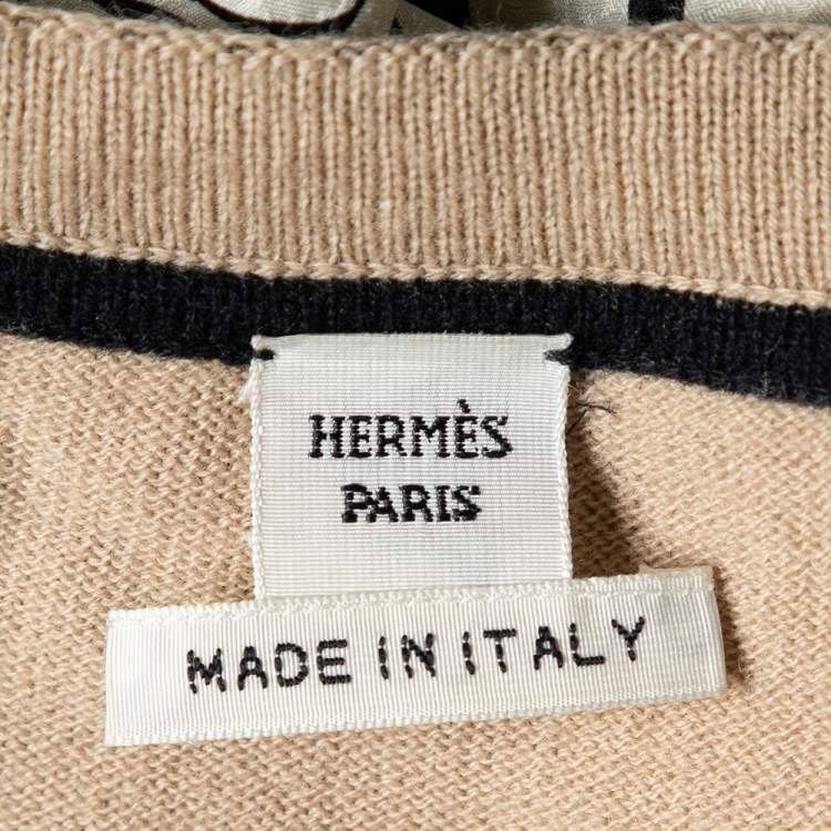 Pre Owned Hermes Camel Brown Printed Silk & Wool Paneled Zip Front Cardigan L