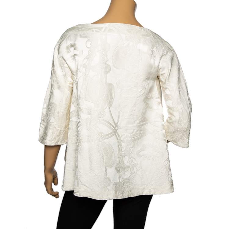 Pre Owned Hermes Cream Jacquard Silk Side Slit Round Neck Top S